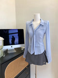 New Design Pure Desire Satin Silk Smooth Waist Shirt Long Sleeve Women's Tie Top Versatile Blue Pink Fashion