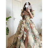 Getadme Summer Elegant Evening Party Dress Short Puff Sleeve Khaki Print Organza Women Floor-Length Overlength Princess Long Dress