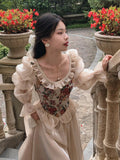 Getadme French Vintage Print Floral Dress Women O-neck Elegant Evening Party Midi Dress Female Puff Sleeve Korea Fairy Dress Summer