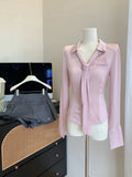 New Design Pure Desire Satin Silk Smooth Waist Shirt Long Sleeve Women's Tie Top Versatile Blue Pink Fashion