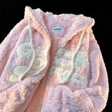 Getadme-Y2K retro embroidery hooded drawstring hooded zipper jacket men and women American lamb velvet couple loose coat female ins tide