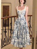 Getadme-French Floral Strap Midi Dress Woman Elegant Sleeveless Even Party Dress Office Lady 2023 Summer Beach Casual Korean Style Dress