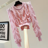 Hollow Out Bead Long Sleeve Knitted Shirt Women Pullovers  Autumn Winter High Waist Sweater Fashion Short Knitwear Sweaters