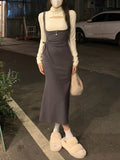Getadme-Autumn 2 Piece Dress Set Women Elegant Bodycon Midi Dress Female Y2k Clothing Korean Fashion Knitted Sweater + Strap Dress