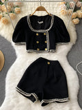 Getadme-French Streetwear Small Fragrance Pants Suits Women Short Jacket Coat Crop Top & High Waist Shorts Sets Summer Two Piece Set