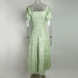 Getadme-Summer Grace Sweet Vestidos Women's French Bubble Sleeve Printing Floral Dress Short Sleeve Side Split Irregular Dresses