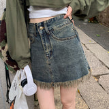 Getadme-Women's Vintage Blue Tassel Denim Skirt Summer New Chic Street Style Simple High Waisted A-line Skirt Female Mini Dress