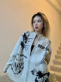 Loose Stand Up Collar Sweater Woman Autumn And Winter Hand-painted Pattern Knit Cardigan Pocket Decoration Vintage Clothes