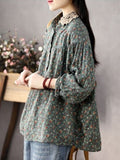 Getadme Women Long Sleeve Casual Shirts New Spring Vintage Style Lace Collar Floral Print Loose Female Cotton Tops Shirt
