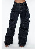Getadme Solid Color Multi-pocket Loose Jeans Women High Street Retro Hip-hop Wide-leg Pants Casual Straight High-waisted Jeans Women New