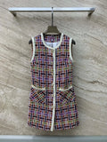 Getadme-Autumn/Winter New Colorful Plaid Chain Gold Button Double Pocket Round Neck Tweed Sleeveless Tank Top midi woman Dress