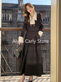 Getadme-Autumn Elegant 2 Piece Dress Set Women Slim Vintage Party Office Lady Korean Suit Long Sleeve Crop Tops + Casual Midi Skirt