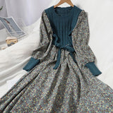 Getadme-Autumn Winter New Korean Version of Age-reducing Splicing Strap Slimming Knitted Long Dress Fashion Corduroy Floral Dress