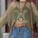 Getadme Y2K Vintage Star Mesh Sweater Women Oversize 2000s Aesthetic See Through Net Knit Top Female Knitwear Korean Fashion