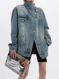 Getadme Women's Denim Coat Turtleneck Single Breasted Full Sleeve Patchwork Versatile Jacke Fashion Autumn Streetwear Denim Overcoat