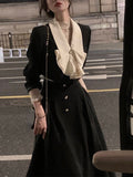 Getadme-2 Piece Dress Set Women Casual Elegant Vintage Black Midi Dress Korean Clothes Y2k Crop Top Short Coats + Skirt Autumn Chic