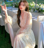 Summer Elegant Floral Midi Dresses Women Beach Casual Long Sleeve Vintage V-Neck Casual Office Lady One Piece Korea Style Dress