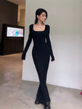 Getadme-Y2K Sexy Black Dress Women Vintage Wrap Slim Bodycon Long Dresses Party Evening Square Collar Fashion Spring Outfits