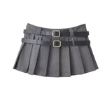 Getadme-Y2K Mini Skirt Women Korean Fashion Pleated Skirt Summer Casual Vintage Preppy Style Solid Two Belts Short Skirts