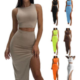 Getadme Two Piece Skirt Set Women's Suit y2k Clothes Summer Sexy Outfit Cropped Top and Split Skirt Chic Elegant Female Clothing