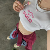 Getadme-Y2K crop tops Aesthetic Cute Pink Letter Embroidery Baby Tees 2000s Vintage Ribbed O-Neck Harajuku Short Sleeve T-Shirt топ