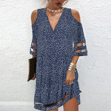Getadme-Dress Women Elegant V Neck Summer Off Shoulder Lace Mesh Patchwork Mini Dress Female Loose Print Beach Short Dress