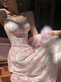 Getadme Elegant Floral Spaghetti Strap Midi Dresses for Women Summer French Evening Party Sexy Slim Bodycon Vintage Female Clothing