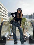 Getadme Flared Wide Leg Cargo Jeans for Women Y2k Pants High Waist Vintage Oversize Trousers Split Streetwear High Street Wear