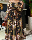 Getadme-Bohemian Maxi Robe Women Printed Party Dress Sexy Off Shoulder Long Lantern Sleeve Sundress Belted Vintage Vestidos