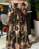 Getadme-Bohemian Maxi Robe Women Printed Party Dress Sexy Off Shoulder Long Lantern Sleeve Sundress Belted Vintage Vestidos