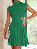 Short Green Dress For Woman Summer A Line Mini Bareback Dresses Females Pleated Solid Sleeveless Sweet Dress Women