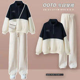 벨벳과 두꺼운 양털 소재의 여성 가을 ​​겨울 신상품 한국 캐주얼 와이드 레그 팬츠 패션 투피스 세트