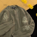 Getadme-Autumn And Winter Pattern Design Pullover Sweaters Women Vintage Embroidery Loose Ripped Sleeves Y2K Japanese Streetwear Tops