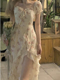 Getadme-Floral Elegant Short Sleeve Dress Woman Casual Summer Sexy Party One Piece Dress Korean Fashion Beach Vintage Midi Dress