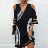 Getadme-Dress Women Elegant V Neck Summer Off Shoulder Lace Mesh Patchwork Mini Dress Female Loose Print Beach Short Dress