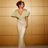 Getadme-Luxury Crystal Beadings Sequined Mermaid Evening Dresses V-Neck Saudi Arabic Prom Dress Wedding Party Gown