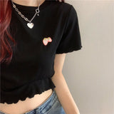 Getadme-Cropped Navel Shirt Ruffle Top Blouses Strawberry Embroidery Shirts Short Sleeve Slim fit Tees Street Women Clothing
