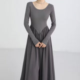 Style Fashion Elegant Women A Line Dress Summer Elastic Slim Long Sleeve Midi Dress High Waist O Neck Pleated Dress