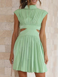 Short Green Dress For Woman Summer A Line Mini Bareback Dresses Females Pleated Solid Sleeveless Sweet Dress Women