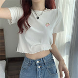 Getadme-Cropped Navel Shirt Ruffle Top Blouses Strawberry Embroidery Shirts Short Sleeve Slim fit Tees Street Women Clothing