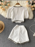 Getadme-French Streetwear Small Fragrance Pants Suits Women Short Jacket Coat Crop Top & High Waist Shorts Sets Summer Two Piece Set