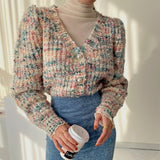 Getadme-Autumn Women Cardigan Korean Chic Sweet Retro Warm Thick Sweater Long Sleeve Mixed Color Knit Top Y2k Button Knitted Jacket