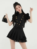 Getadme-French Small Fragrance Two Piece Set Women Bubble Sleeve Short Blazer Coat + Pleated Skirt Suits High Street 2 Piece Outfits