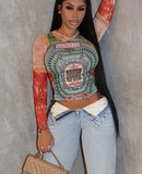 Women Long Sleeve Graphic Mesh See Through Streetwear T Shirts Tops Tee Autumn Clothes Wholesale Items For Business