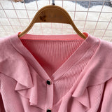 Ruffled A-line Dress Autumn V-Neck Pleated Knit Midi Long Dresses for Women Long Sleeve Elegant Pink Knitted Dress Robe Femme