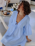 Hiloc Peplum Half Sleeve Cotton Night Dress Women V Neck Sleepwear Female 2023 Summer Casual Woman Dresses Loose Solid Pajamas