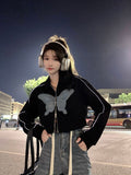 Harajuku Turn-down Collar Zip Up Jacket Women Crop Tops Y2k Vintage Butterfly Embroidery Denim Patchwork Jacket Coat Streetwear