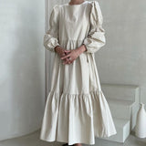 Getadme  Ruffle Design Loose Solid Long Sleeve Maxi Dresses for Women Vintage Korean Fashion Clothing Chic Retro Minimalist Style O Neck