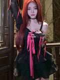 Getadme-Black Vintage Gothic Two Piece Set Women Designer Party Mini Dress Set Female Casual Korean Fashion Dress Suit Autumn