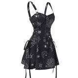Getadme Sun Star Print Dress Half Zipper Lace Up High Waisted Strap A Line Mini Robe Fashion Casual Tank Playsuit For Women